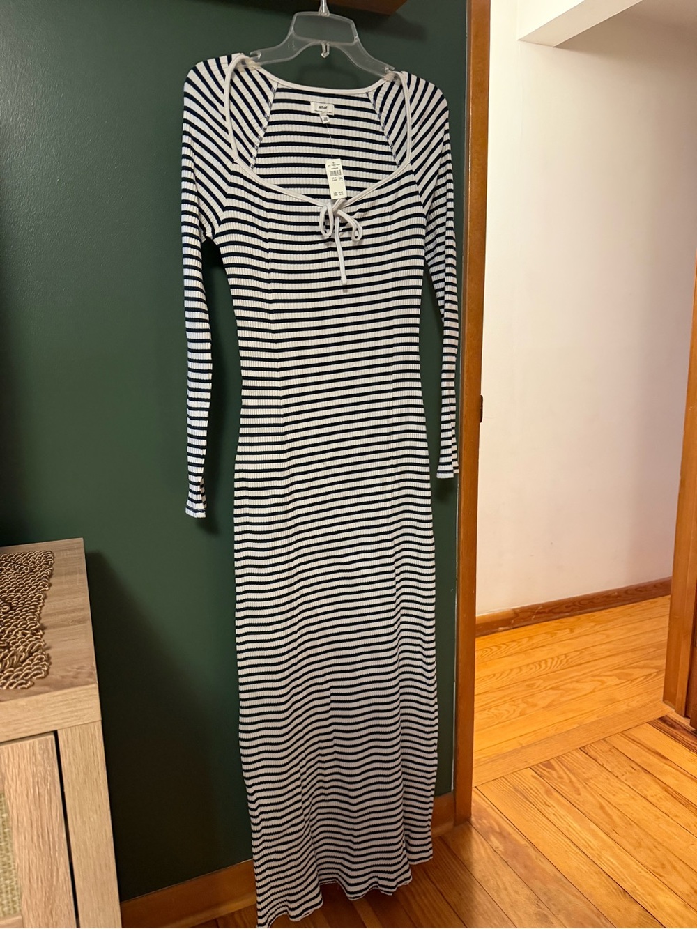 aerie Navy & White Striped Ribbed Tie-Front Maxi Dress